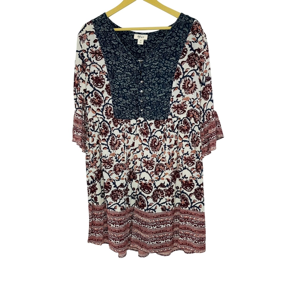 Style & Co Floral Shift Dress Womens M Blue Red Cottagecore Boho Bell Sleeve